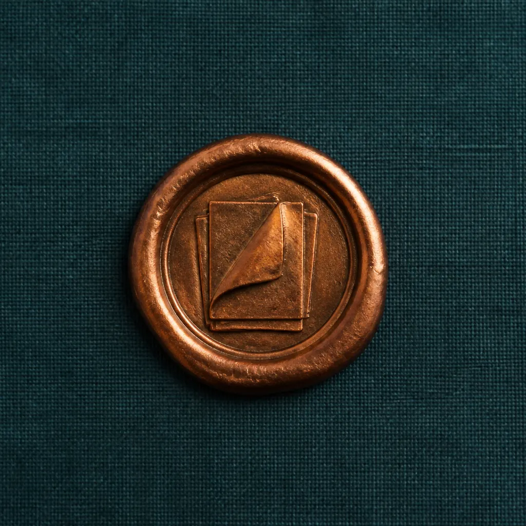 copper wax seal with folded documents on slate-teal linen